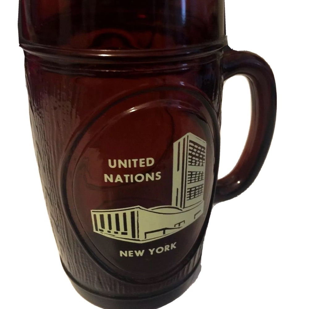United Nations New York Amber Brown Glass Beer Mug Cup Rare UN 1970s Vintage